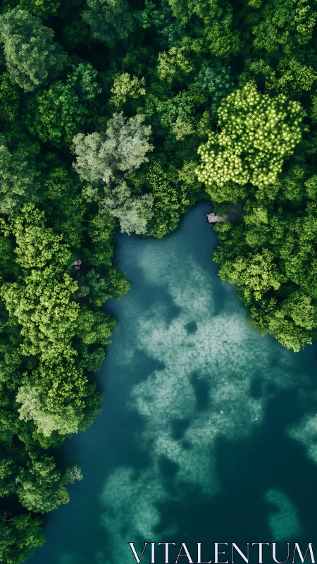Aerial view of forest river winding through dense tree canopy
