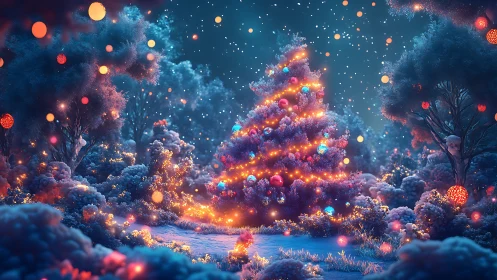 Enchanted winter Christmas tree glows with vivid lights.