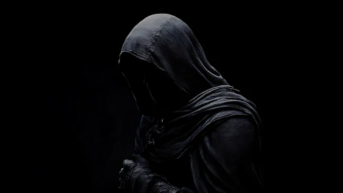 Hooded cloaked figure in side profile against black background.