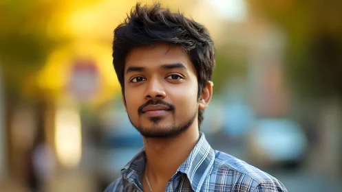 Shallow-depth street portrait with soft bokeh rendering.