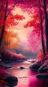 Dreamy pink forest river where twilight lingers softly.
