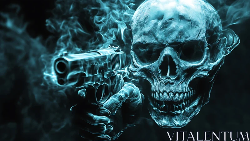 Translucent smoke-formed skull aligns with handgun profile
