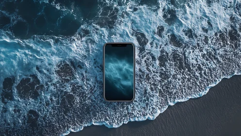 Smartphone on wet shoreline with synchronized ocean wave display