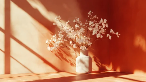 Soft sunlight shapes minimal white vase and blossoms study