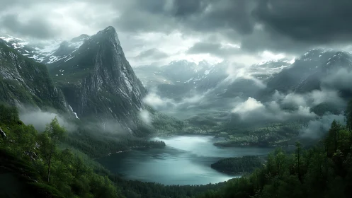 Storm-lit alpine lake valley lies beneath looming granite peaks