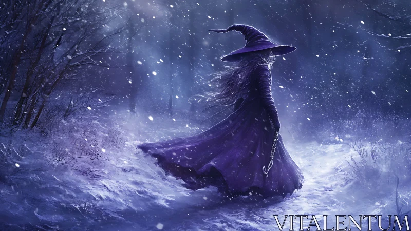 Solitary witch strides through a moonlit spectral snowstorm