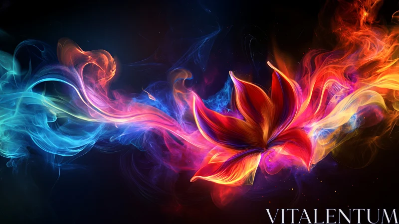 Flaming lotus emerges in swirling neon smoke and darkness.