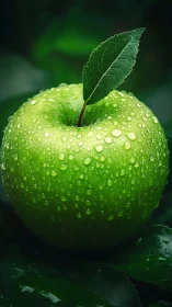 Close-up green apple with water droplets on dark leaves.