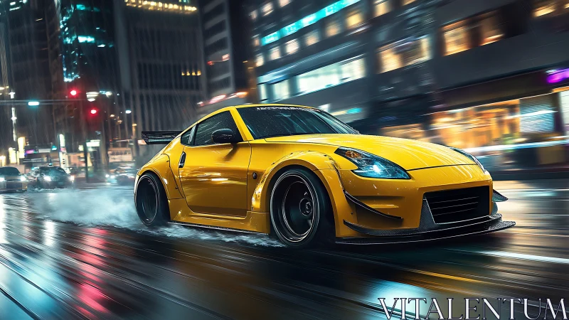Photorealistic yellow tuner car on wet neon urban avenue at speed.