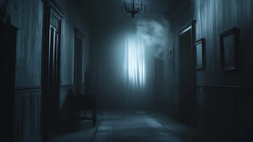 Dim corridor shows backlit window curtain and suspended mist