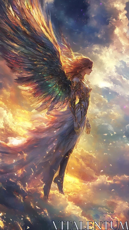Radiant winged guardian drifting through glowing clouds.