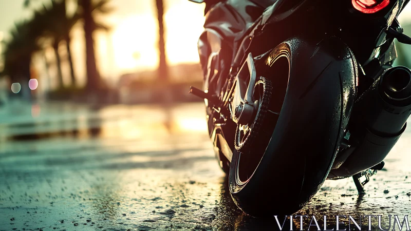 Sport motorcycle rear view on wet city street at sunset.