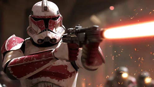 Armored sci fi soldier firing blaster in battle scene.