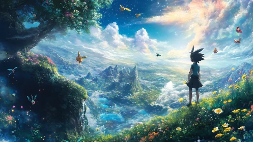 Celestial valley vista unfolds beneath solitary anime wanderer