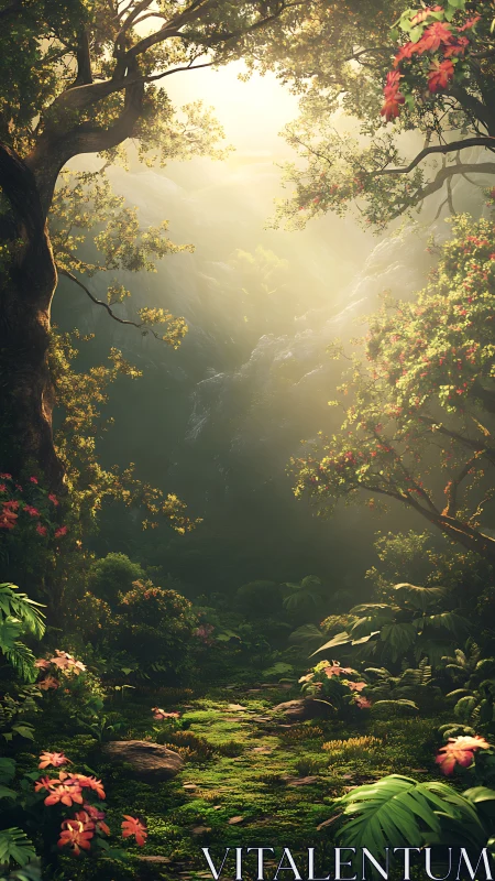 Luminous Forest Gateway: Where Ancient Trees Frame Ethereal Light.