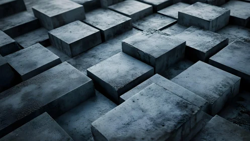 Concrete blocks layered in geometric 3D pattern. Industrial minimalist composition with dramatic sha