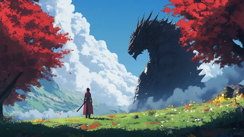 Lone swordsman confronts colossal dragon in vivid valley