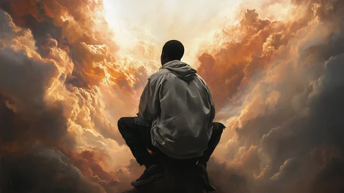 Contemplative figure in luminous storm clouds, digital painting.