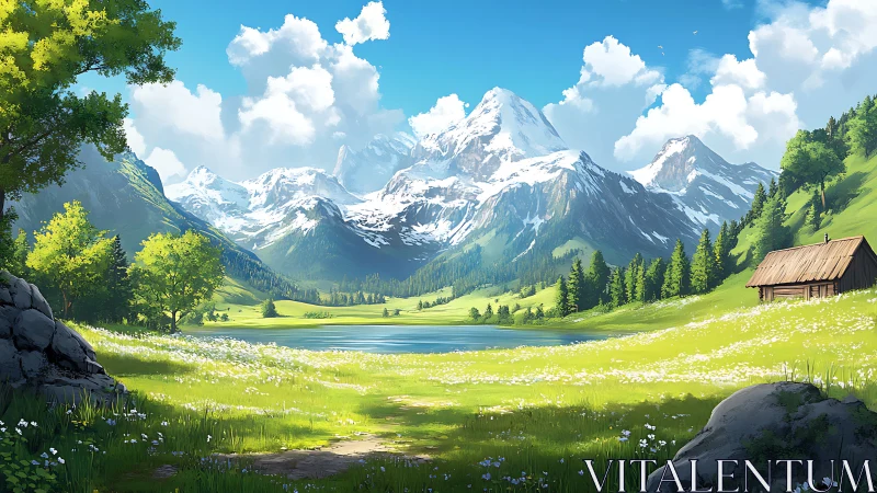 Sunny alpine meadow lake with snowcapped mountain panorama