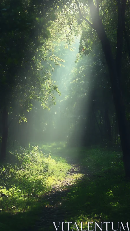 Sunlit Forest Path Through Dense Woodland Canopy.