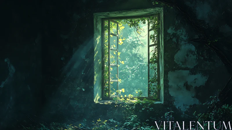 Overgrown window reveals luminous forest beyond decayed wall