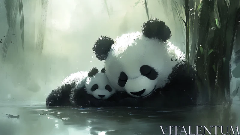 Giant panda and cub rest beside misty bamboo pool