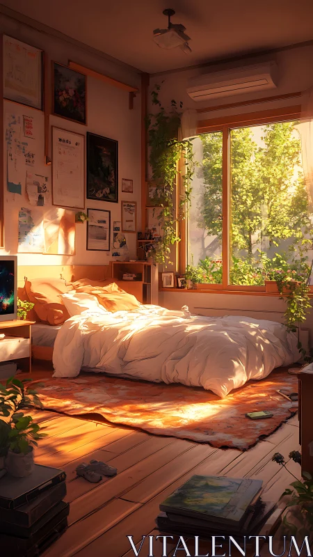 Sunlit bedroom interior with plants and wall artworks.