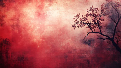 Silhouette of Branches Against Abstract Red Textured Background.
