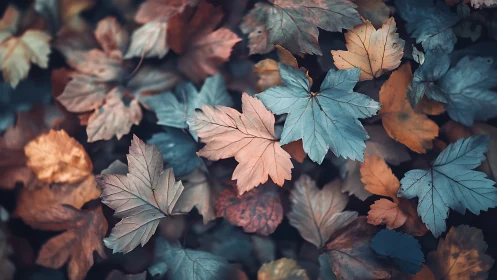 Muted autumn foliage in cool and warm contrasting tones.