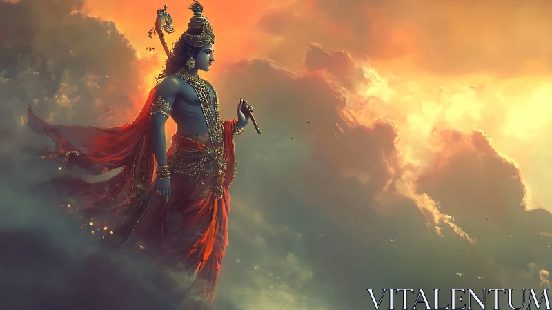 Divine warrior silhouette in glowing stormlit heavens.