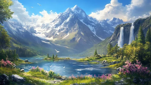 Panoramic alpine valley with glacial peaks, river basin and waterfalls