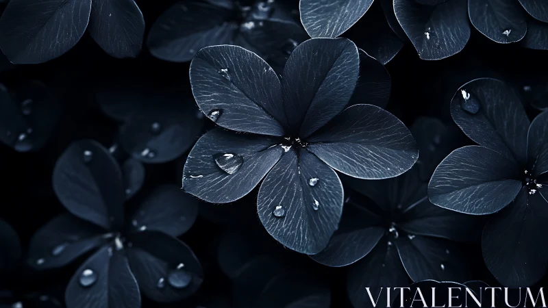 Midnight Hydrangea Petals Glistening with Dew Drops