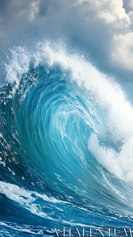 Towering turquoise ocean wave curls under bright storm clouds
