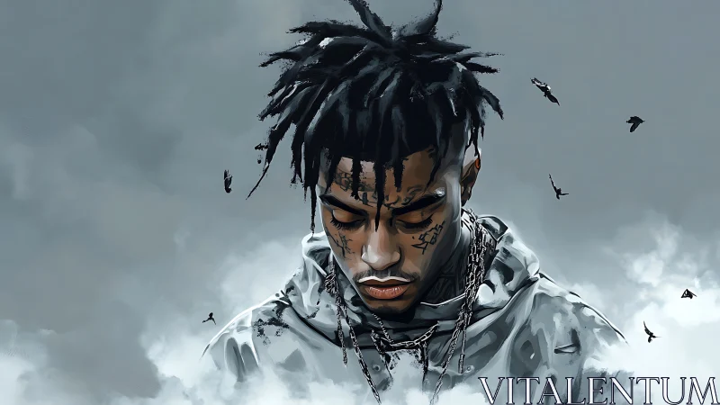 Moody hooded figure in stylized clouds with circling birds.