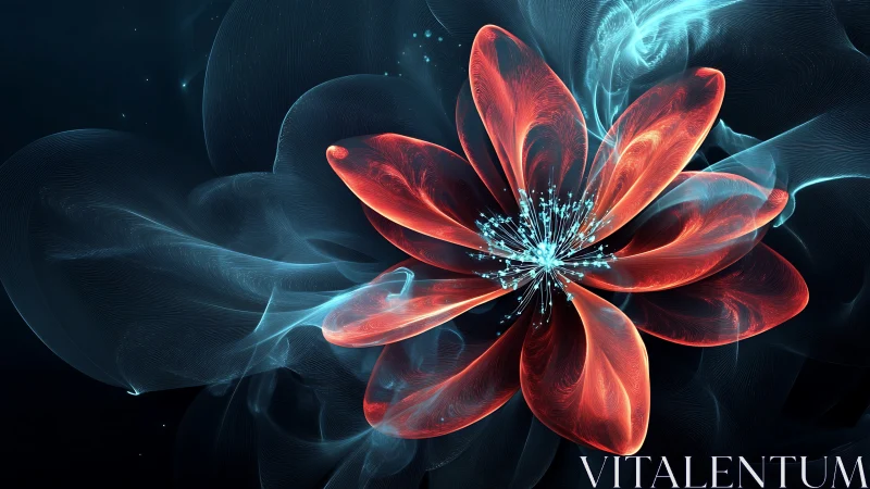 Digital red flower with luminous blue abstract background.