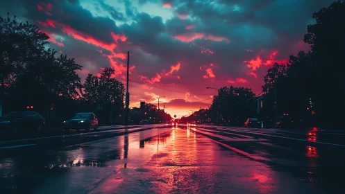 Rain-wet city street reflects vivid neon sunset sky.
