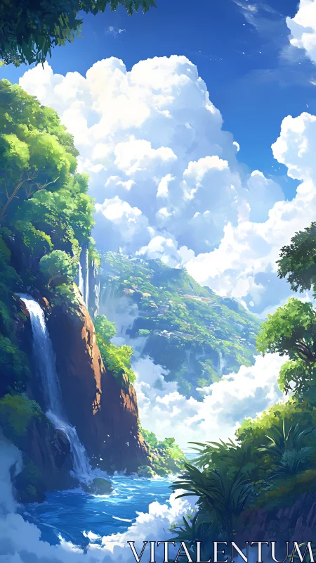 Lush waterfall canyon under towering white cloud formations.