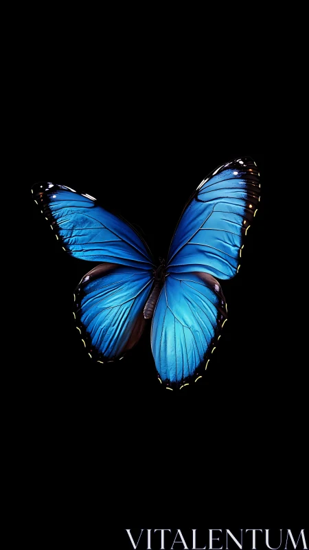 Iridescent blue butterfly with spread wings on black background