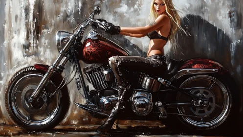 Detailed oil-styled rendering of woman posed on custom cruiser motorcycle