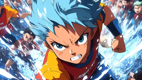 Fierce blue haired runner charges ahead in a splash of energy