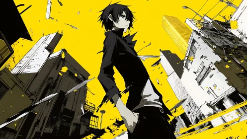 Angular urban anime composition with dynamic yellow void.