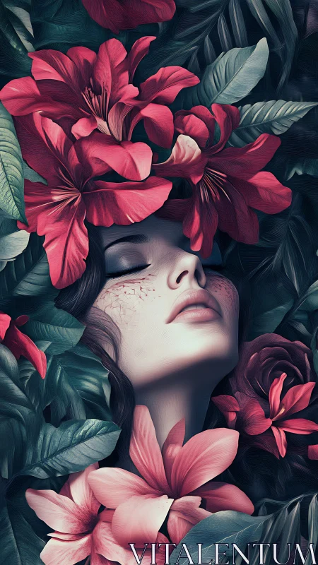 Surreal female portrait immersed in lush crimson florals