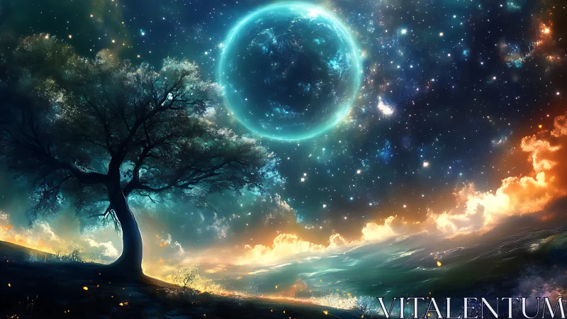 Lone silhouetted tree under luminous ringed celestial sky.