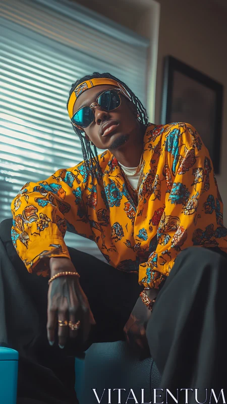 Man seated indoors wearing patterned orange shirt and shades.