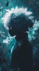 Backlit masked anime silhouette in cyan particle storm.