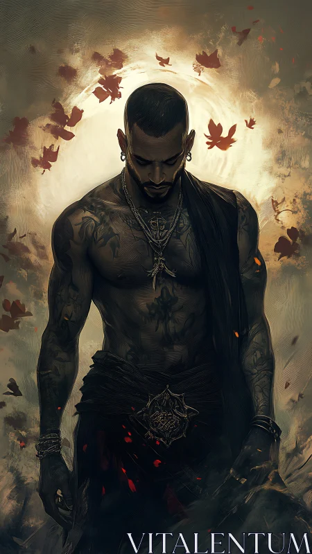 Tattooed male figure with draped cloth and abstract leaves.