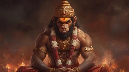 Powerful mythic monkey warrior seated amid rising flames.