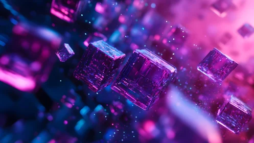 Futuristic Floating Glass Cubes in Neon Pink and Blue Digital Art.