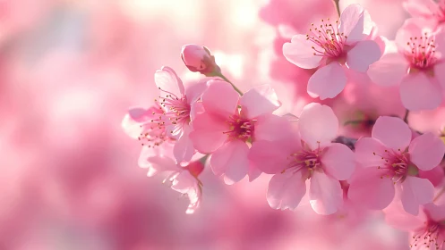 Soft-focus cherry blossom cluster with backlighting and depth-of-field blur.