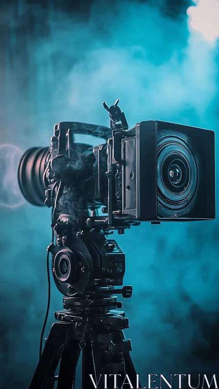 Cinematic film camera glows through teal studio smoke.